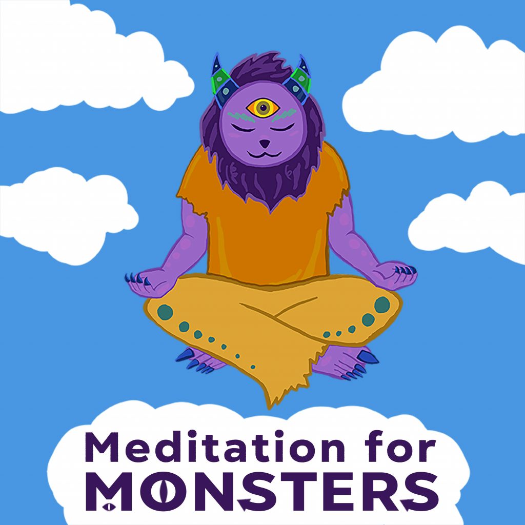 Three eyed monster meditating in cross-legged position with only third eye open.